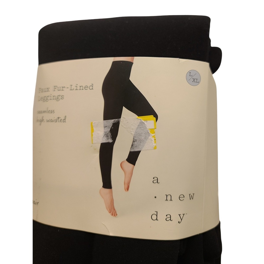 A New Day Black Faux Fur-Lined Leggings Seamless High Waisted L/XL LGL-2627 NWT